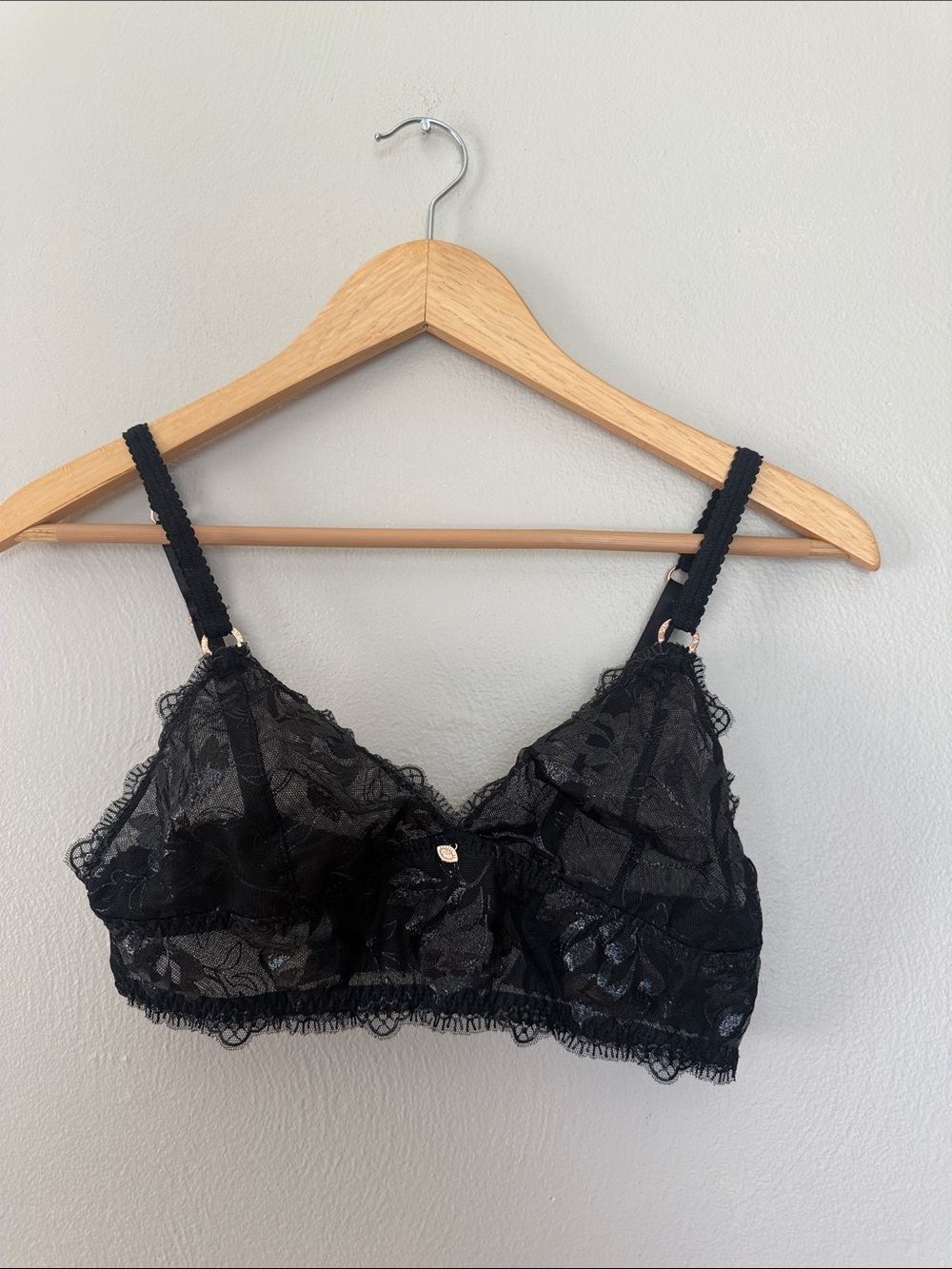 Black Sheer Lace Bralette - Delicate Floral Lace Soft Cup Bra small